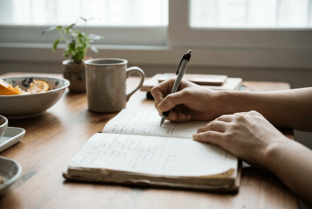 식후 혈당 스파이크를 기록하기 위해 식사 내용, 식사 시간, 1시간과 2시간 측정값을 노트에 정리하는 장면. 숫자는 보이지 않게 손과 기록 동작 중심으로 보여준다.