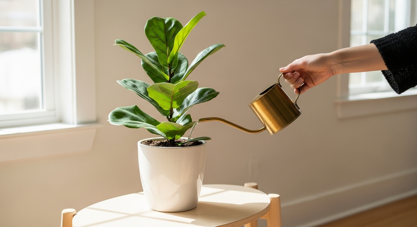 &ldquo;창가에서 자연광을 받으며 놓인 화분에 물을 주는 모습&rdquo;