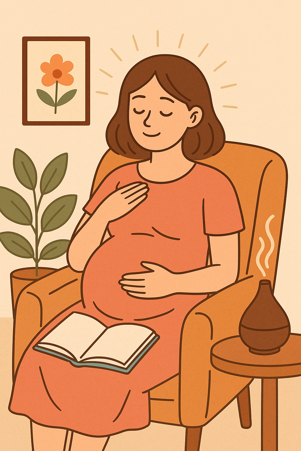 편안한 의자에 앉아 손을 배에 얹고 감정을 느끼는 임산부의 모습, 감정 태교와 스트레스 완화를 상징하는 따뜻한 분위기의 일러스트