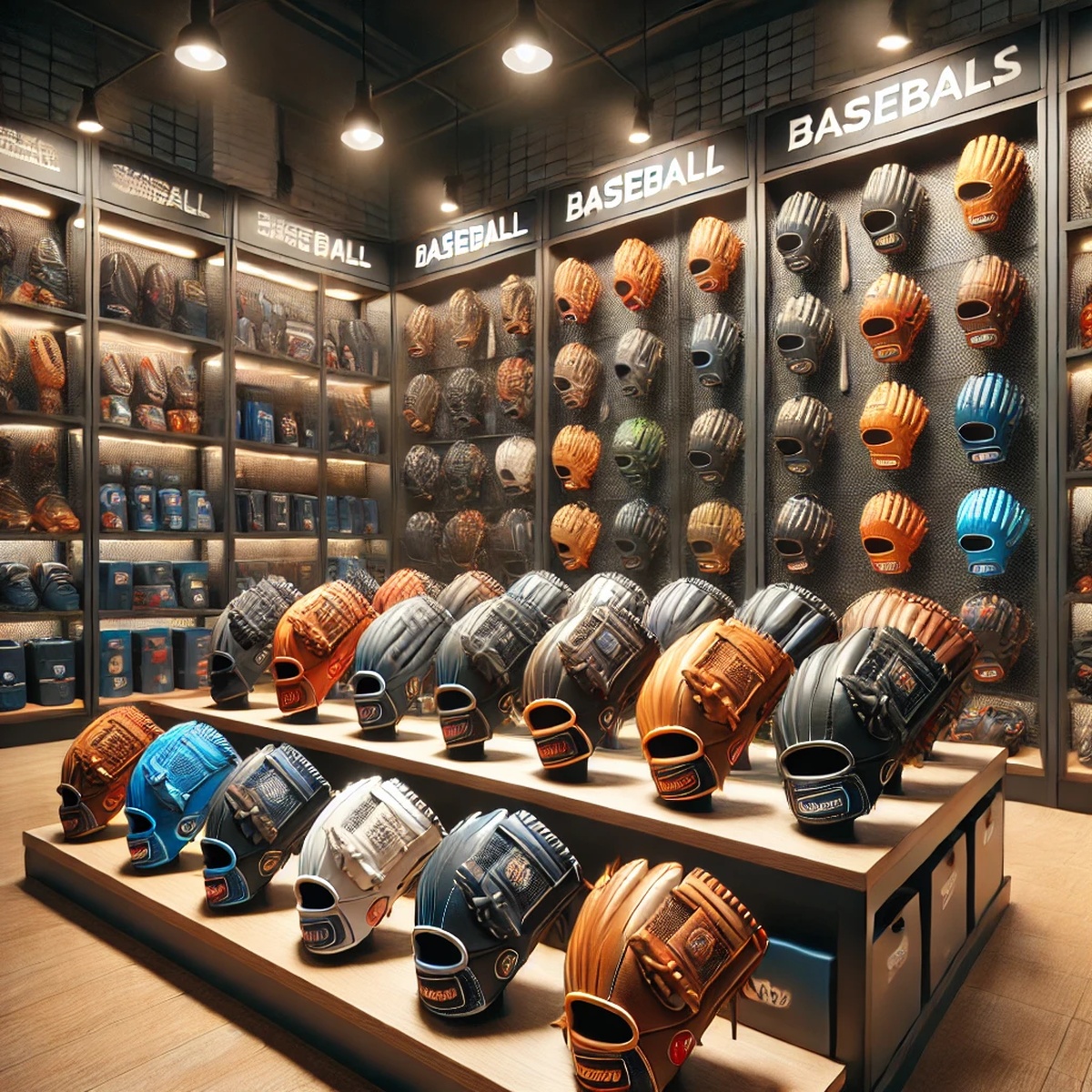 다양한 야구 글러브가 진열된 매장