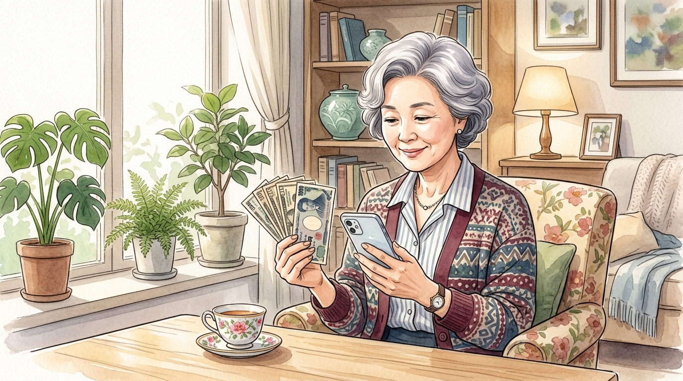공항 대신 동네 은행 앱에서 해외 환전 예약하여 수수료를 아낀 중년 여성의 모습.