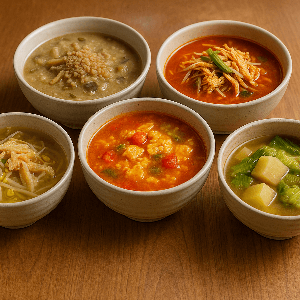 따뜻한 김이 나는 다섯 가지 국물요리가 나란히 놓여 있는 상차림(출처**자체제작)