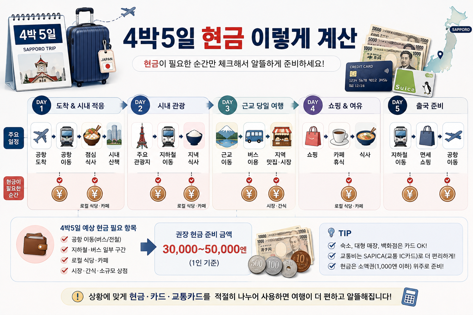 일본 4박5일 일정별로 필요한 엔화 현금을 계산하는 방법을 보여주는 이미지
