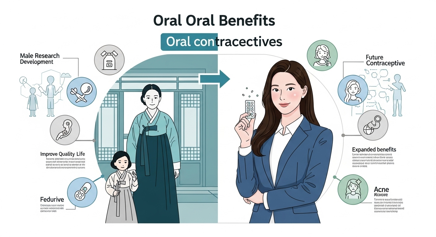 경구 피임약의 진화와 다양한 이점을 보여주는 현대적인 인포그래픽, 2026년 최신 정보 포함