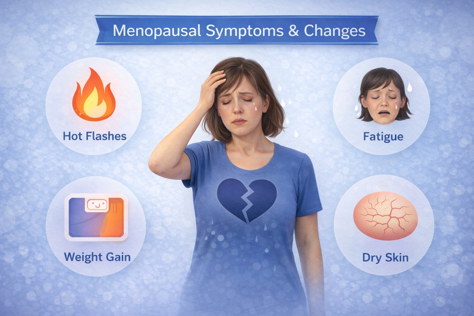 갱년기 증상과 호르몬 변화로 인한 신체 변화를 중년 여성과 4가지 주요 증상 아이콘으로 정리한 인포그래픽