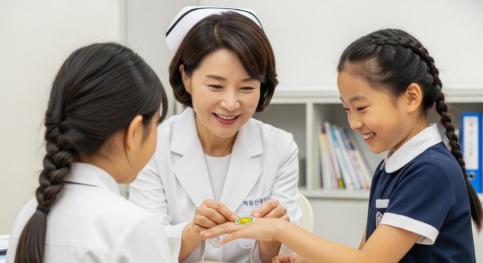 보건교사가 학생에게 칭찬 스티커 주는 장면
