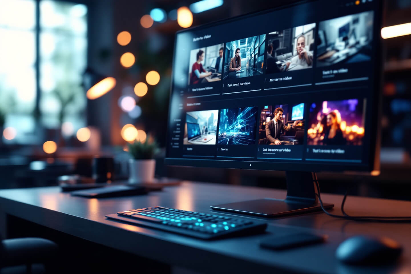 최첨단 디지털 스튜디오 내부에서 여러 개의 비디오 미리보기가 대형 모니터에 표시된 모습. 모니터 주변은 부드러운 조명으로 둘러싸여 있으며, 창작과 기술의 조화를 강조하는 분위기