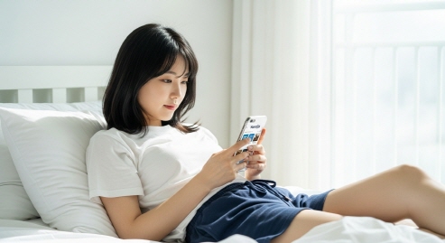 여성이 침대 위에서 스마트폰으로 야놀자 앱을 보는 장면&amp;#44; 밝은 실내