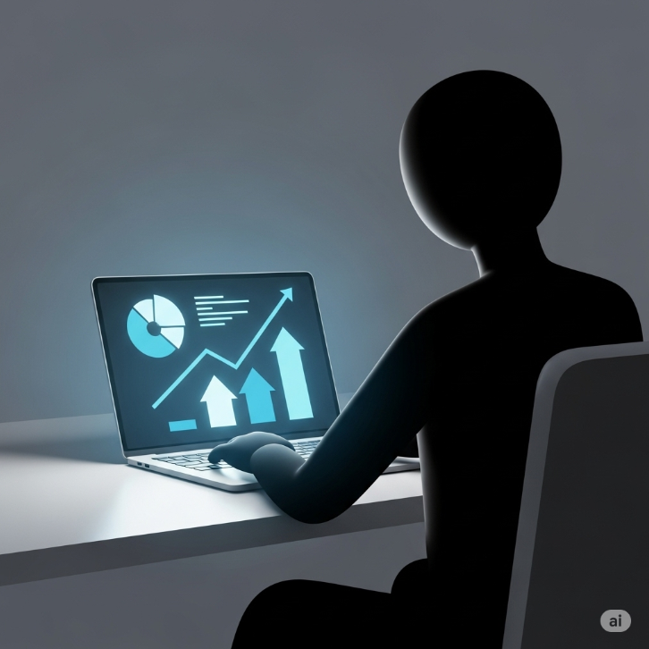 A minimalist and abstract representation of a person sitting at a desk with a glowing laptop screen. The screen shows simplified charts and upward-trending arrows. The mood is calm, focused, and suggests efficiency and satisfaction. The person is a simple silhouette.