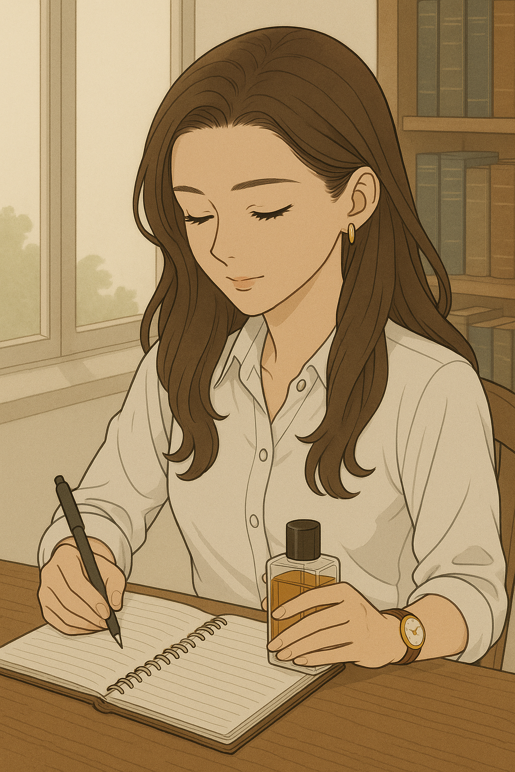 “향기를 일기로 기록하는 여성 – 향으로 자신의 삶을 이해하는 장면”