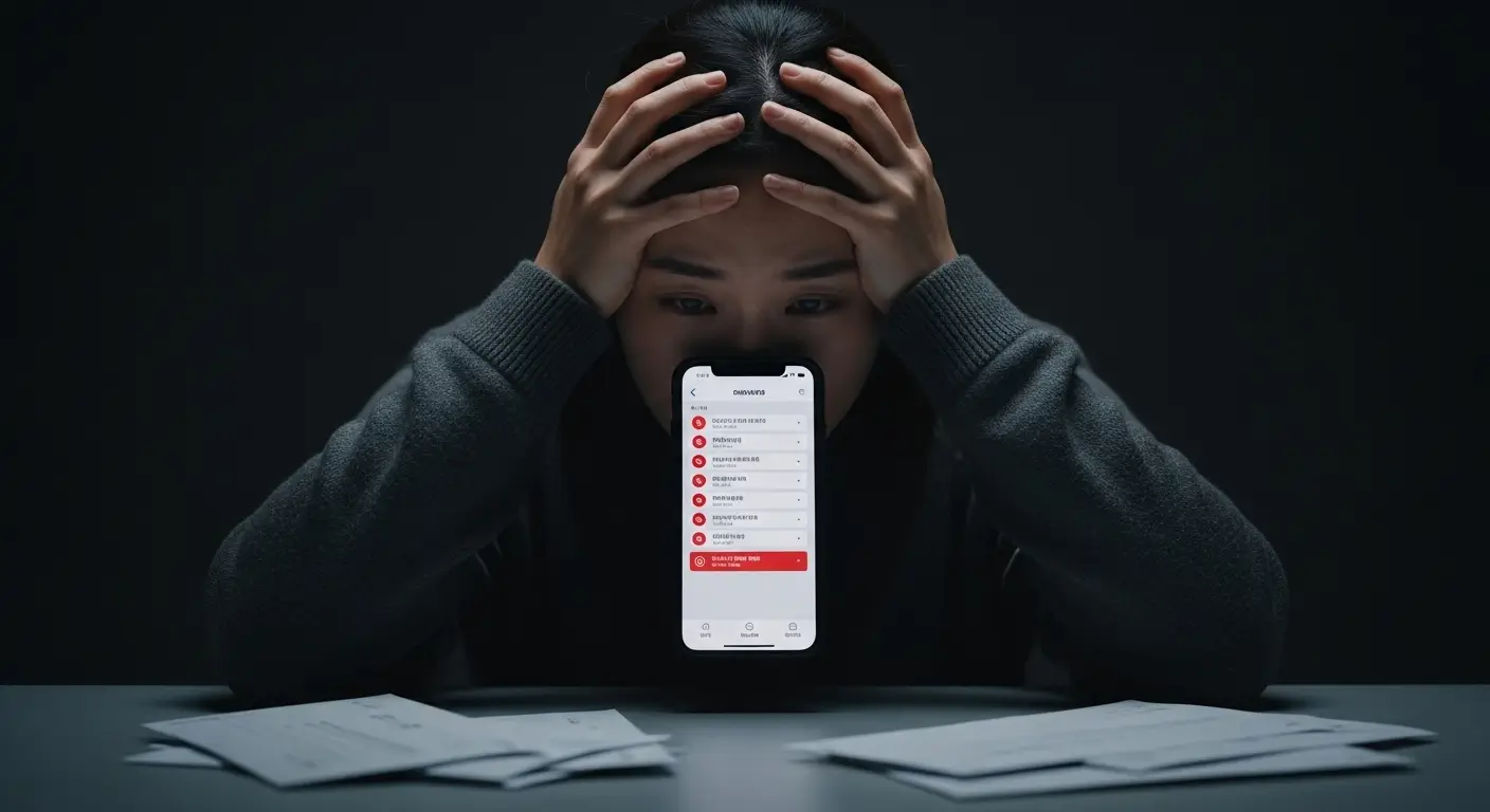 휴대폰 화면에 뜬 '연체' 경고 메시지와 수북이 쌓인 고지서를 보며 절망하는 한국인의 모습