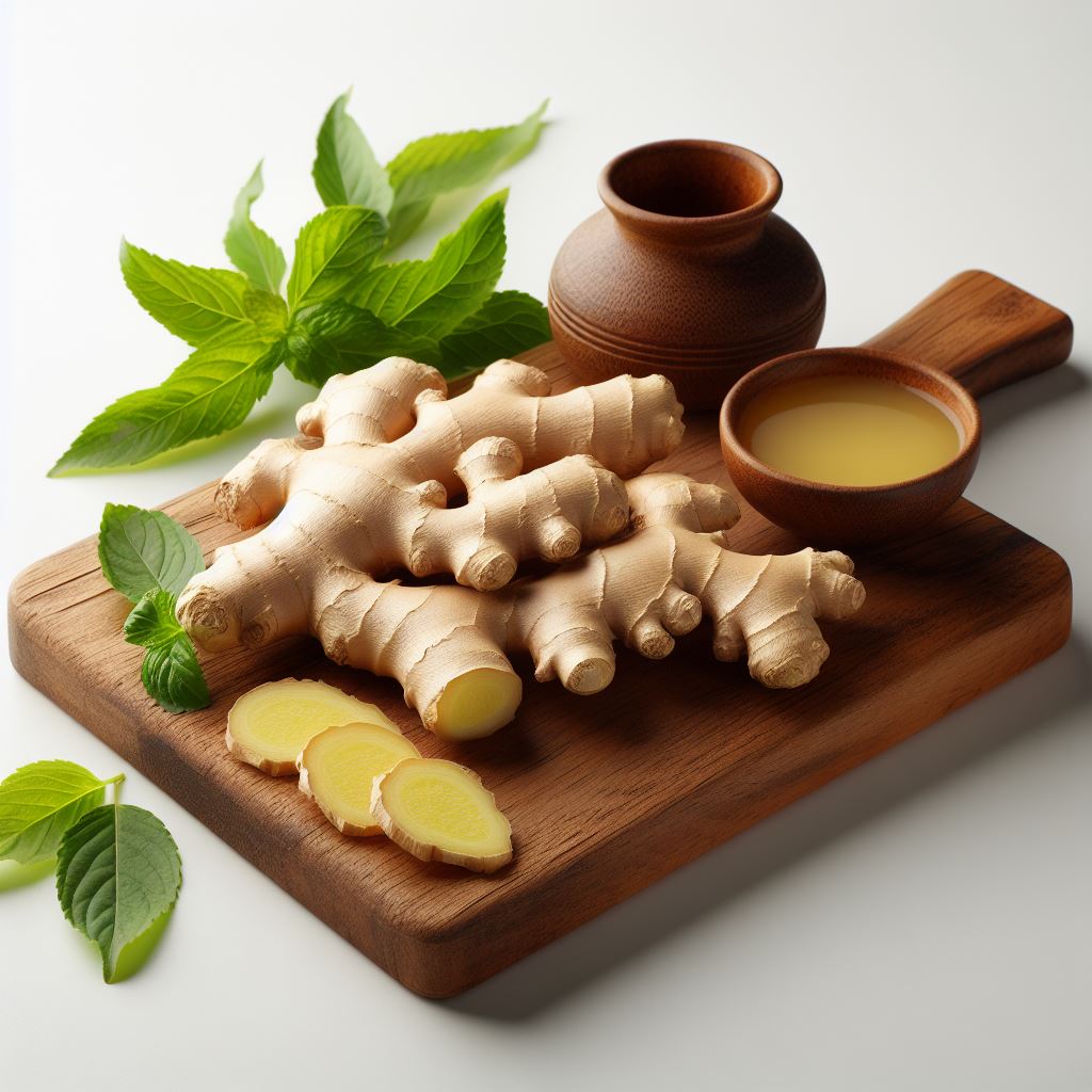 도마 위 잘린 생강과 그냥 생강