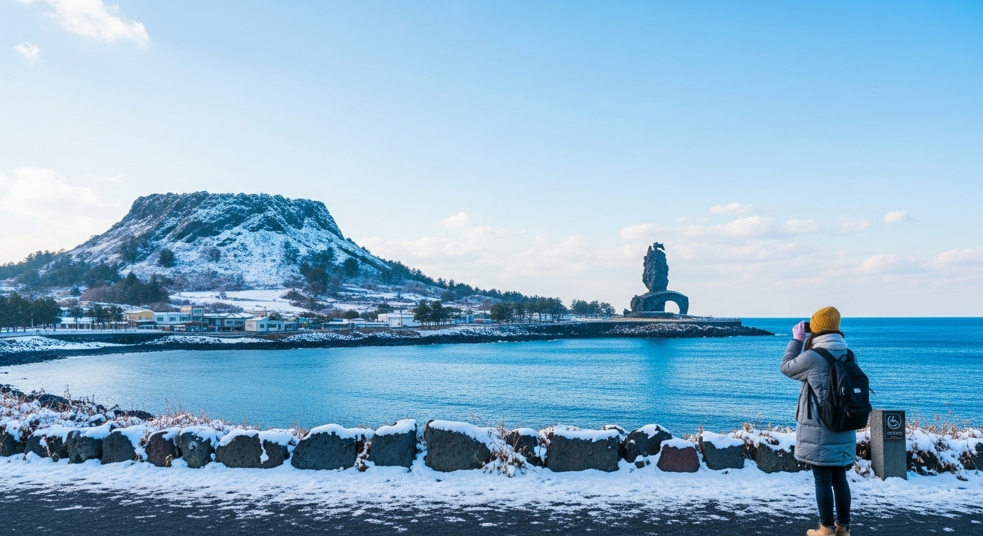 2025년 겨울, 눈 덮인 제주도의 아름다운 풍경과 주요 관광지를 담은 항공 사진