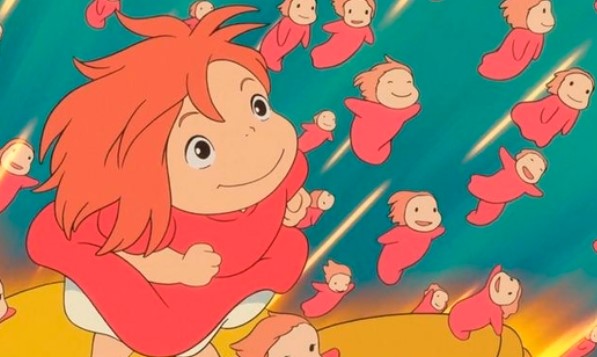 포뇨와 그의 친구들이 물속에서 헤엄치고 있다.