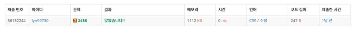 백준 BOJ 2438번 별 찍기-1 문제 C 제출 결과