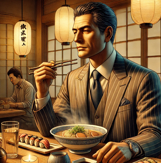 고독한 미식가가 음식의 맛을 음미하는 모습