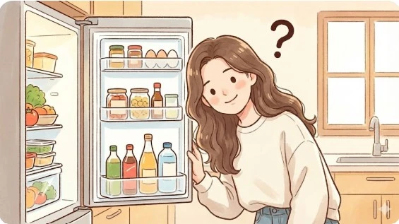 냉장고 앞 고개 갸웃하는 여성 일러스트