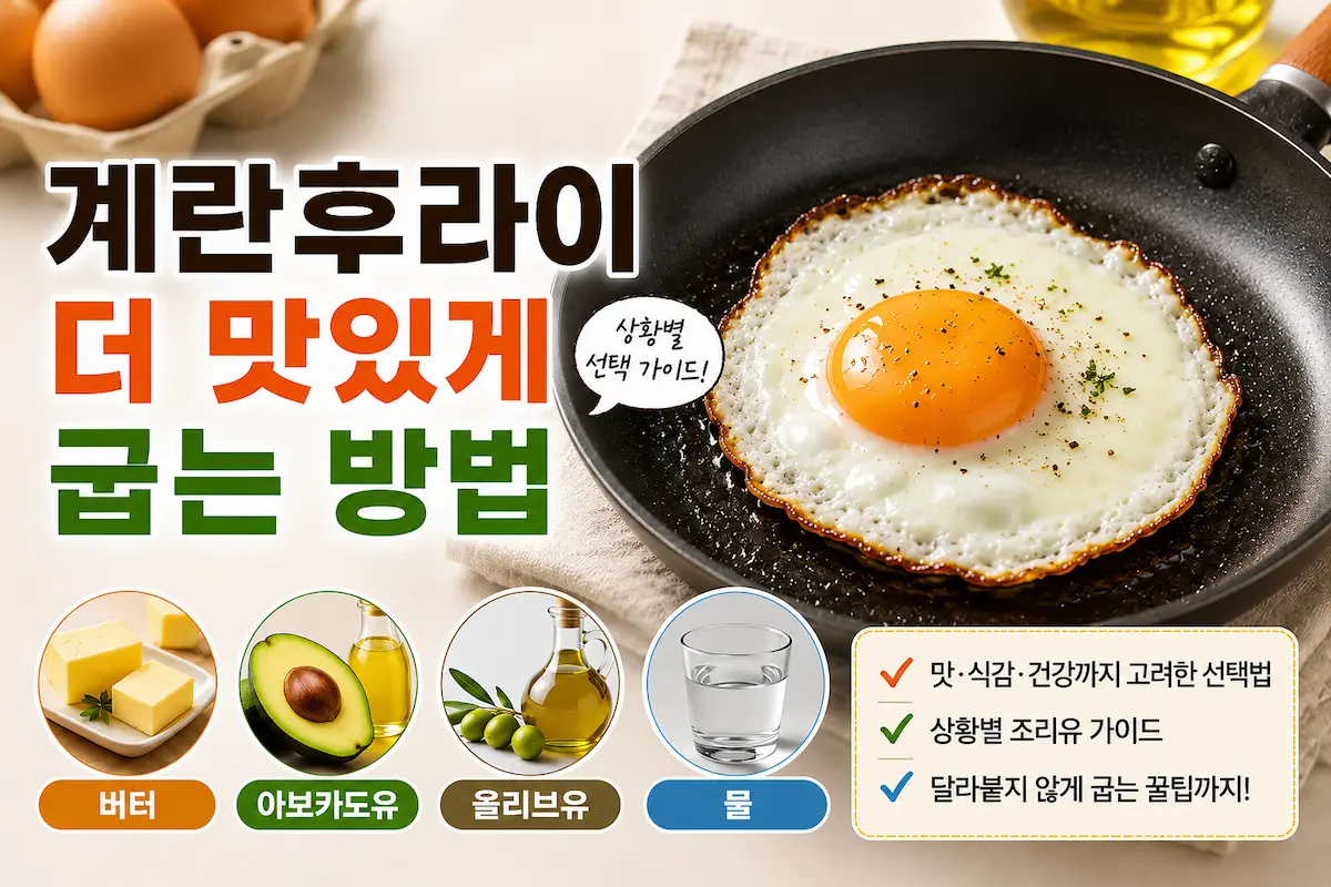 계란후라이를 더 맛있게 굽는 방법을 소개하는 썸네일로 버터, 아보카도유, 올리브유, 물을 활용한 조리유 선택 가이드를 보여주는 이미지