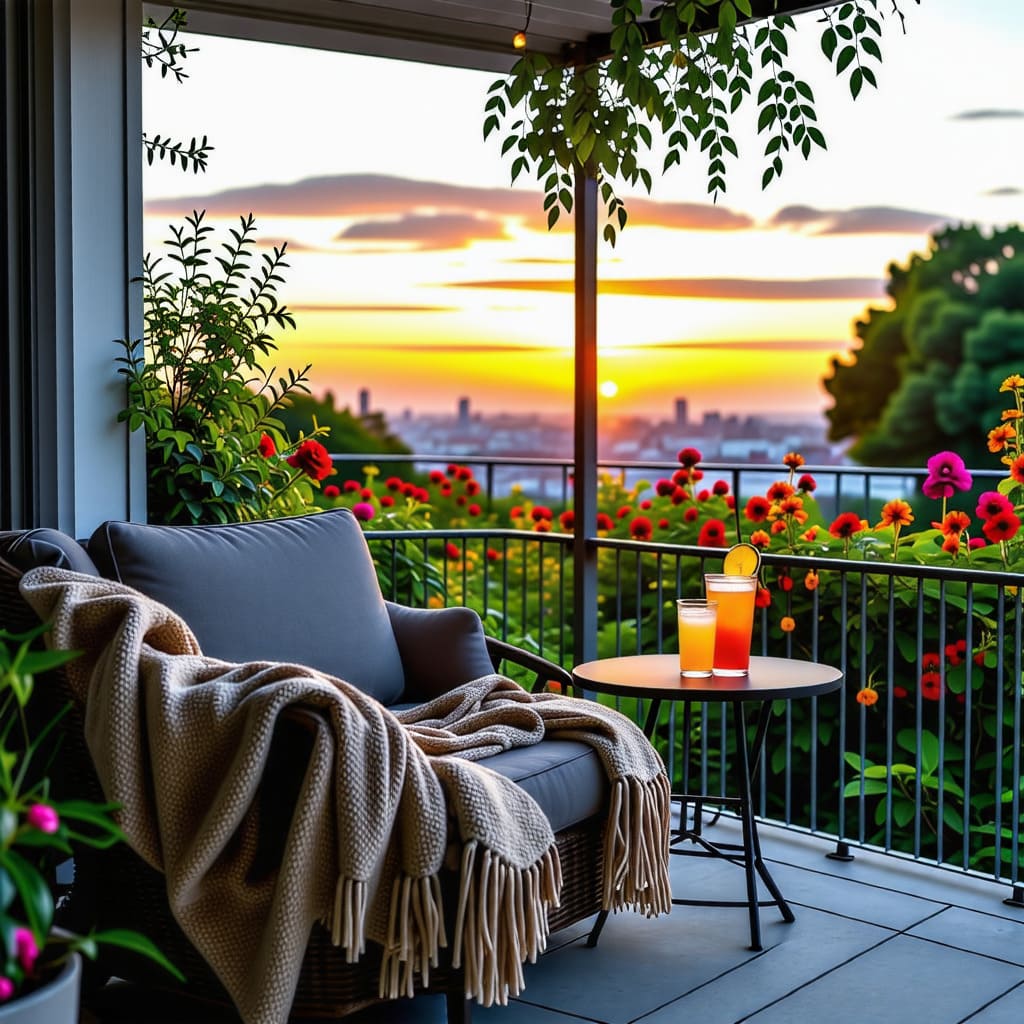 테라스나 발코니 등 외부 공간을 활용한 이미지를 통해 여유로운 생활을 보여줍니다.