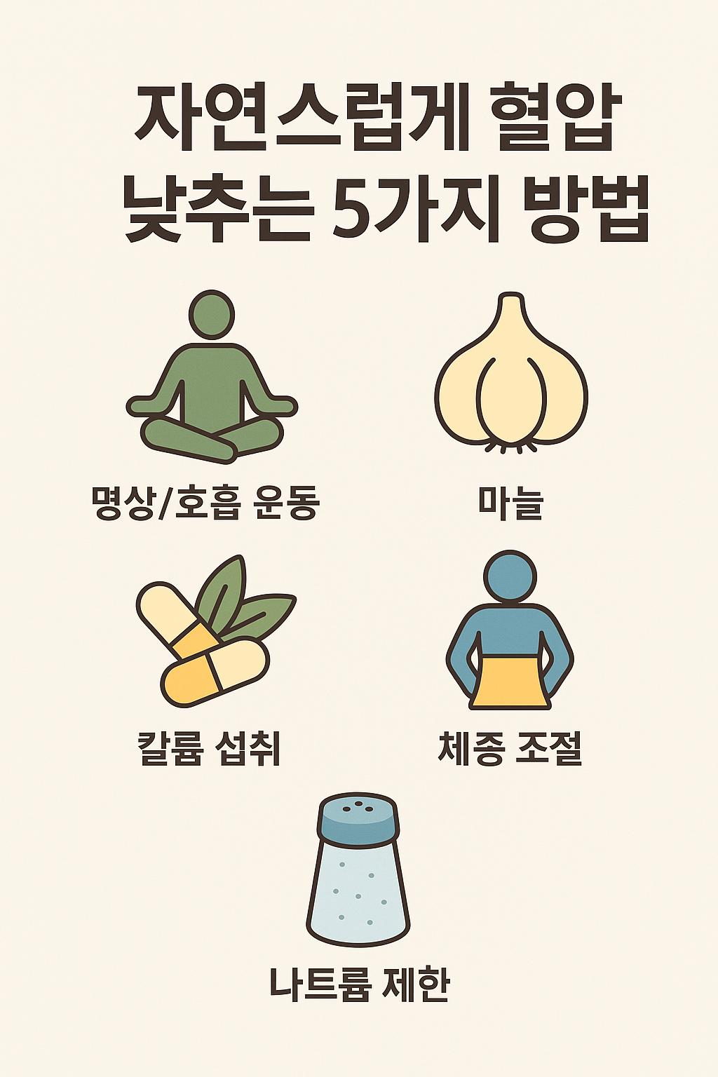약 없이 자연스럽게 혈압 낮추는 5가지 방법 이미지 만화체 그림