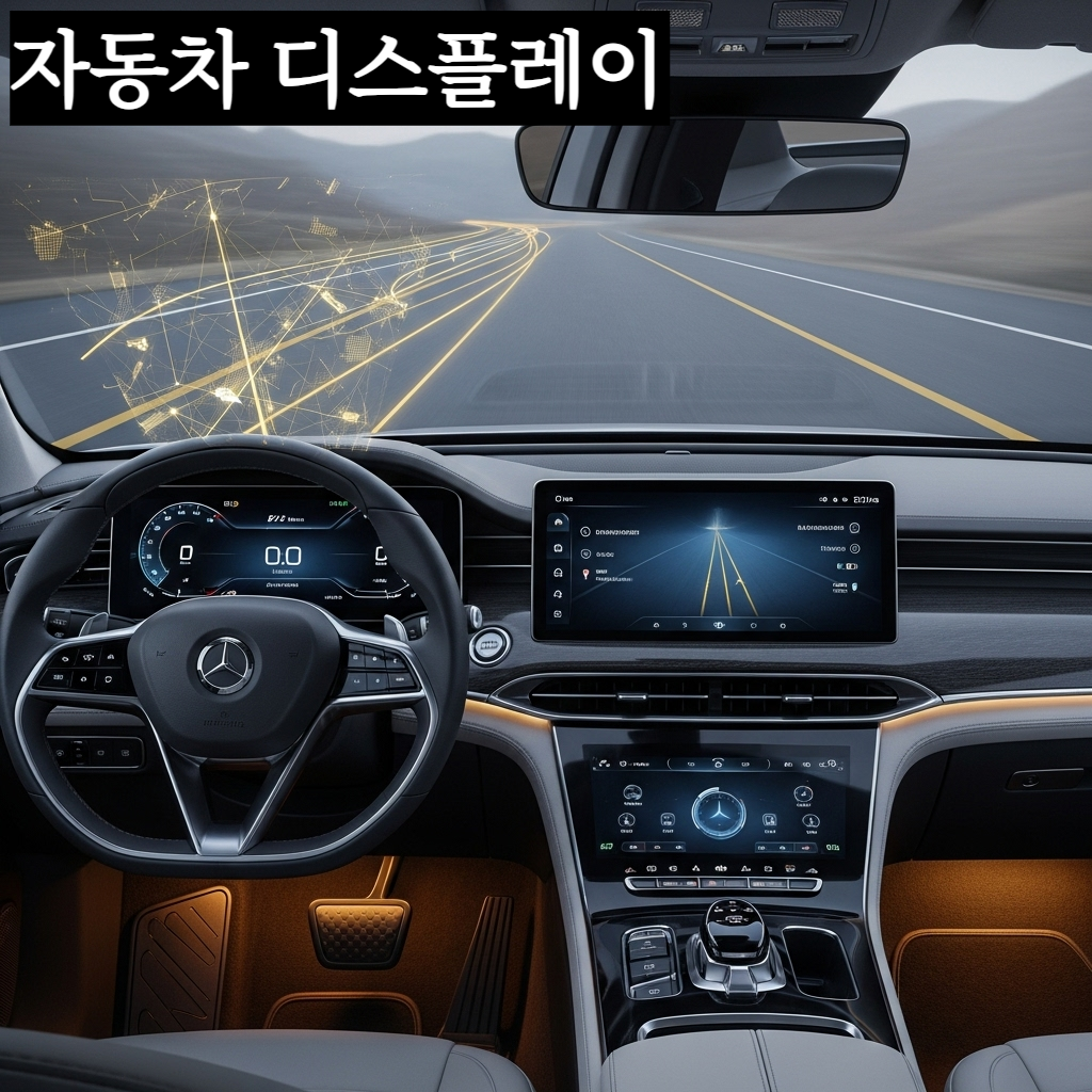 매우 현대적인 미래형 자동차 실내의 대시보드 전체가 거대한 디지털 디스플레이로 연결되어 있고 HUD가 황금빛 안내선을 투영하는 차분한 모습