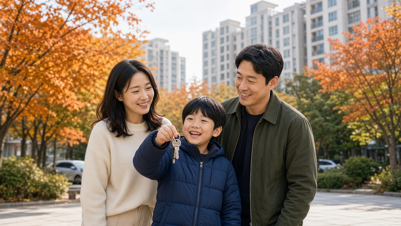 새 아파트 단지 앞에서 열쇠를 들고 웃는 한국인 가족