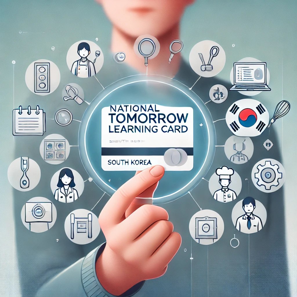 내일배움카드를 든 사람과 다양한 직업 아이콘이 포함된 이미지