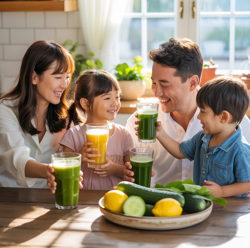 디톡스 주스 마시는 가족 이미지
