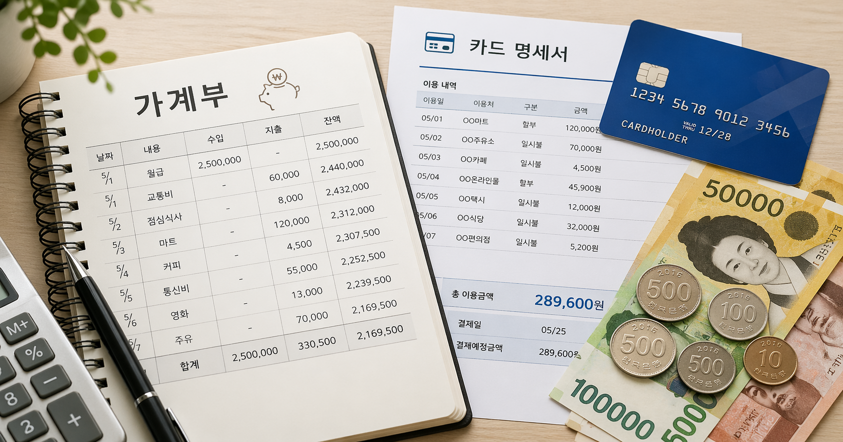 생활비 절약 습관을 정리한 가계부와 지폐 이미지