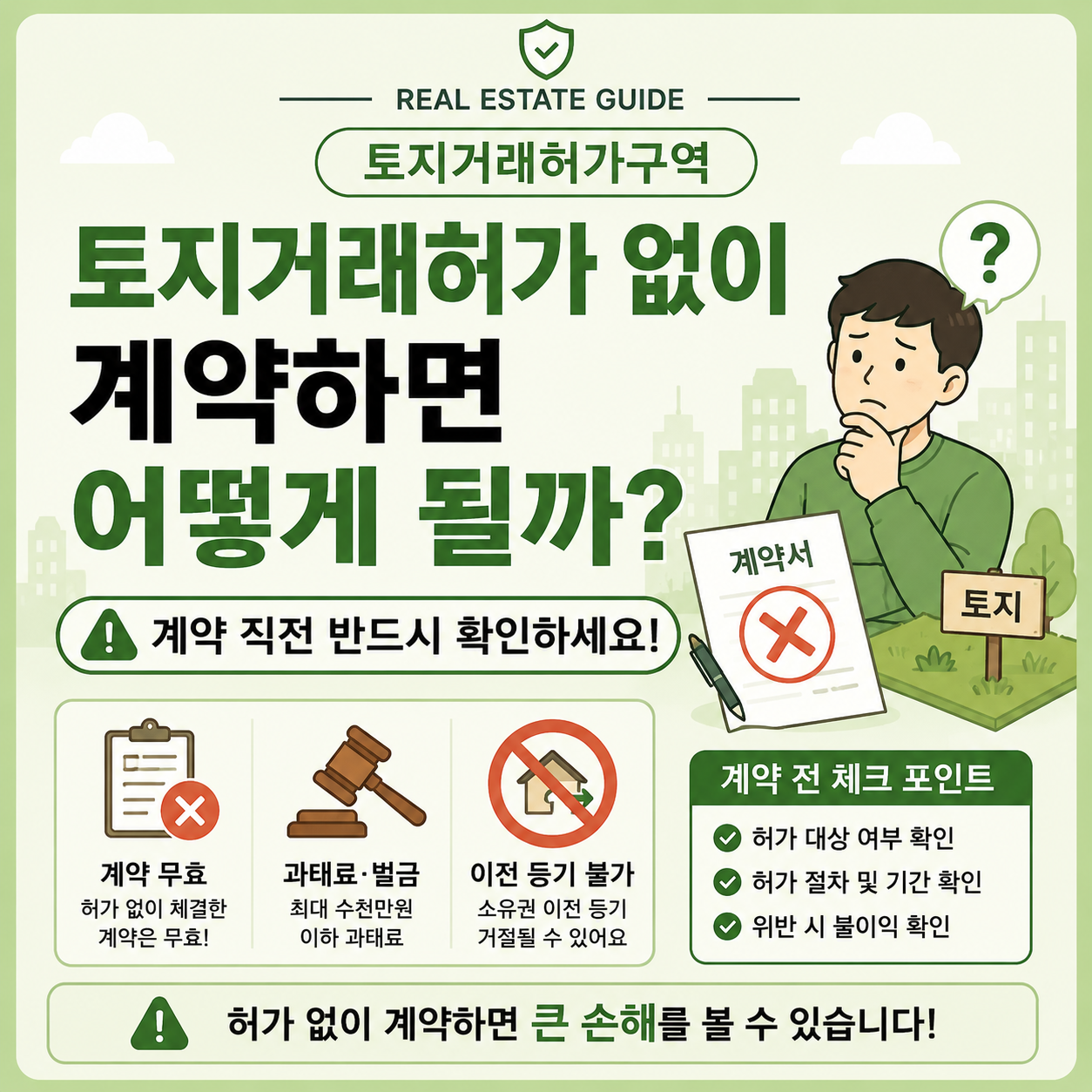 토지거래허가 없이 계약했을 때 발생하는 문제 안내 이미지