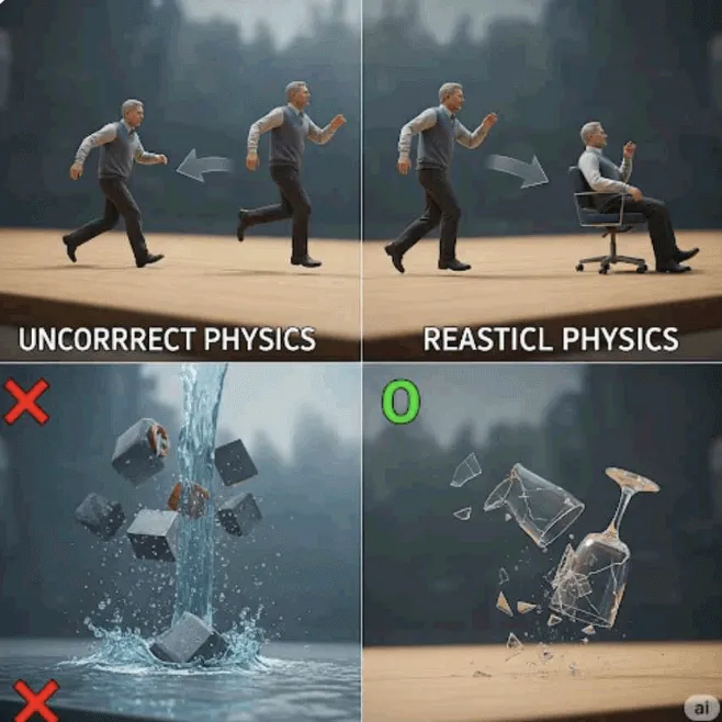 &lsquo;Sora의 물리 시뮬레이션 정확도&rsquo;를 비교한 이미지. 이 이미지는 부자연스러운 움직임과 사실적인 움직임, 물체 충돌과 파괴의 차이를 네 장면으로 나누어 표현하고 있으며, AI 영상 생성 모델 Sora가 얼마나 현실감 있는 물리 현상을 재현하는지를 시각적으로 보여줌 (Sora AI, physics realism, video generation accuracy)