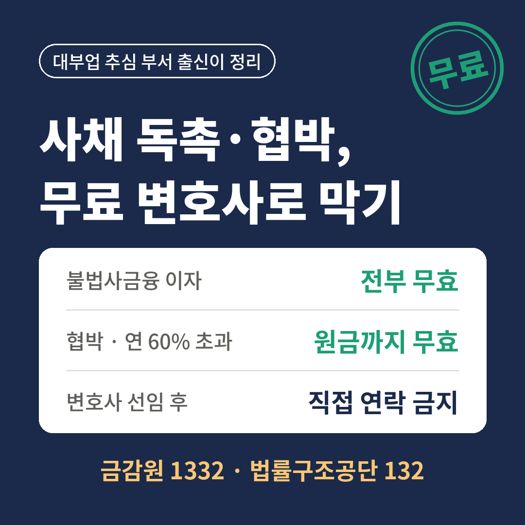 사채 독촉과 협박을 무료 변호사로 막는 채무자대리인 제도, 불법사금융 이자는 전부 무효이고 협박이나 연 60% 초과 대출은 원금까지 무효이며 변호사 선임 후에는 직접 연락이 금지된다는 내용과 금감원 1332, 법률구조공단 132 연락처를 요약한 썸네일