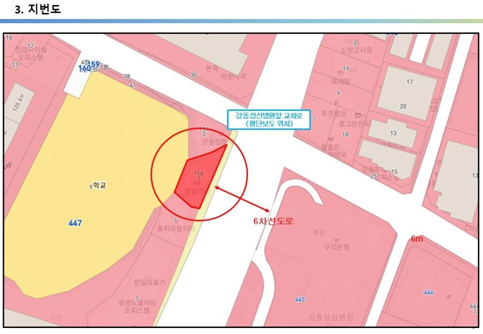 종합병원 강동성심병원 앞 약국, 프랜차이즈 커피숍, 맘스터치 꼬마빌딩