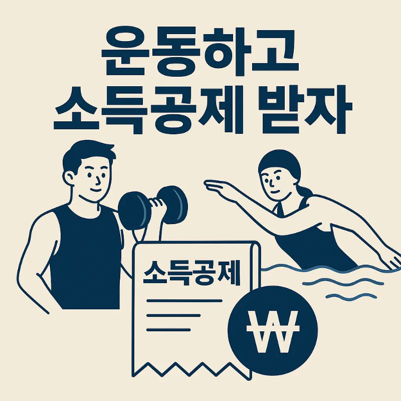 운동하고 소득공제 받자 문구와 함께 헬스, 수영 이미지를 활용한 세금 공제 안내 썸네일