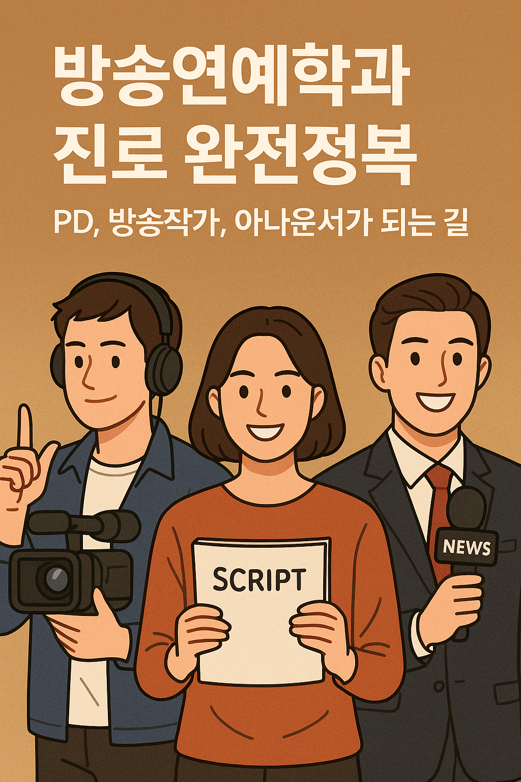 alt="방송연예학과 진로 완전정복을 주제로 한 일러스트 이미지로, 카메라를 들고 있는 PD, 스크립트를 들고 있는 방송작가, 마이크를 든 아나운서가 나란히 서 있으며, 상단에 '방송연예학과 진로 완전정복 - PD, 방송작가, 아나운서가 되는 길'이라는 한국어 문구가 적혀 있음"