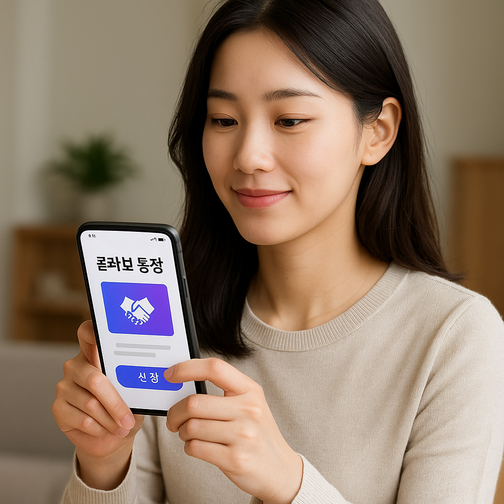 콜라보 통장 모바일 앱으로 신청하는 젊은 여성