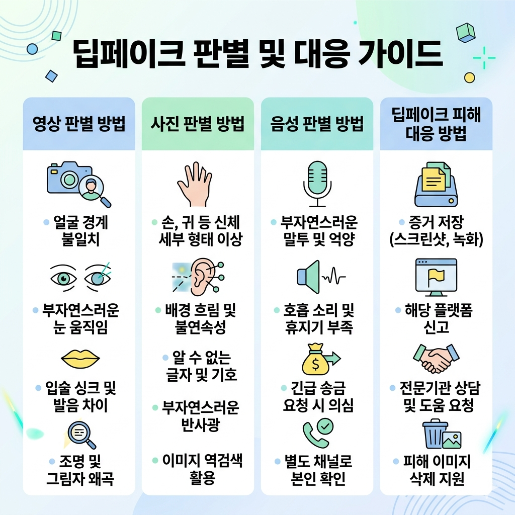 딥페이크 판별 방법 영상&middot;사진&middot;음성 가짜 콘텐츠 확인하는 실전 체크리스트 인포그래픽