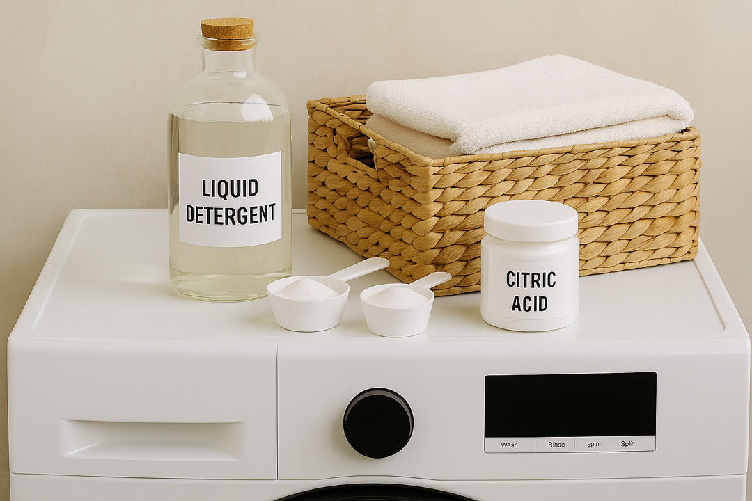세탁기위에세탁세제가 스푼과통에담겨있고라틴바구에수건에담겨있는사진