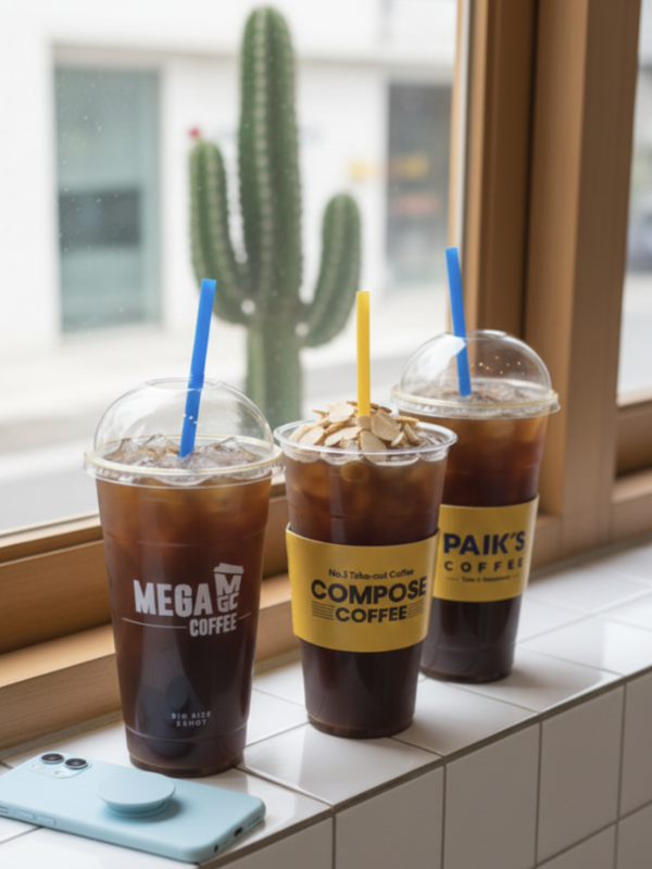 창가에 선인장과 메카커피, 컴포즈 커피, 빽다방 커피가 놓여 있다.