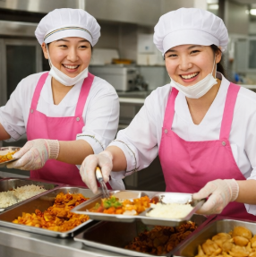 아이들에게 웃으며 배식중인 조리실무사님들 