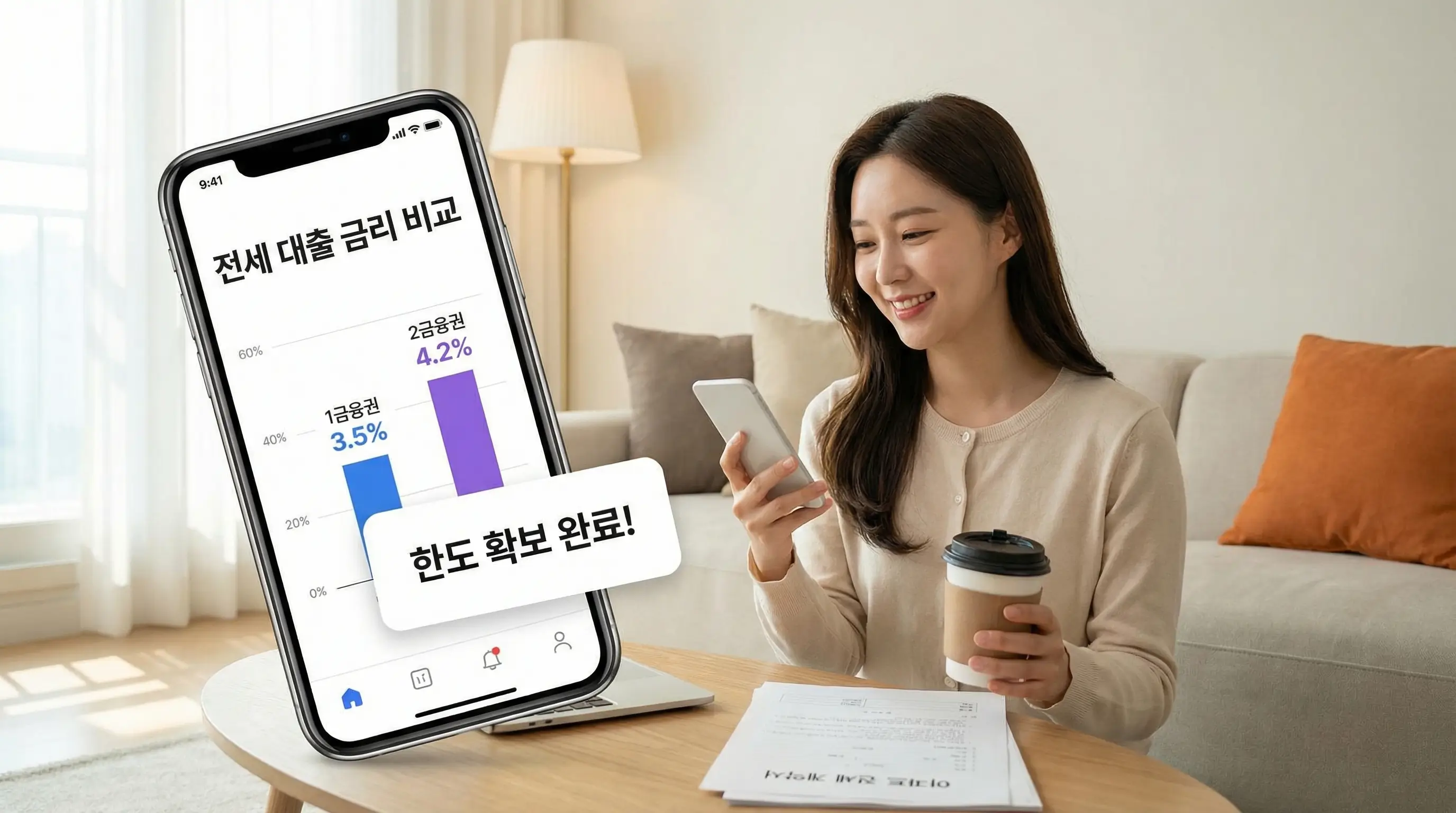 스마트폰으로 간편하게 1금융권과 2금융권 전세 자금 대출 금리를 비교 조회하고 한도를 확보하는 현명한 소비자의 모습