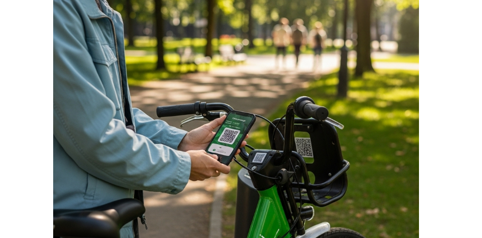 스마트폰 따릉이 앱으로 자전거 QR코드를 스캔하여 잠금장치를 해제하는 모습
