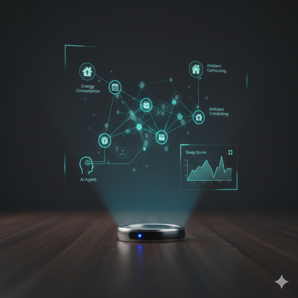 어두운 배경 속 테이블 위에 놓인 스마트 링에서 홀로그램 형태의 데이터 네트워크와 AI 에이전트 아이콘이 허공에 투사되어 빛나고 있는 추상적이고 미래지향적인 이미지.