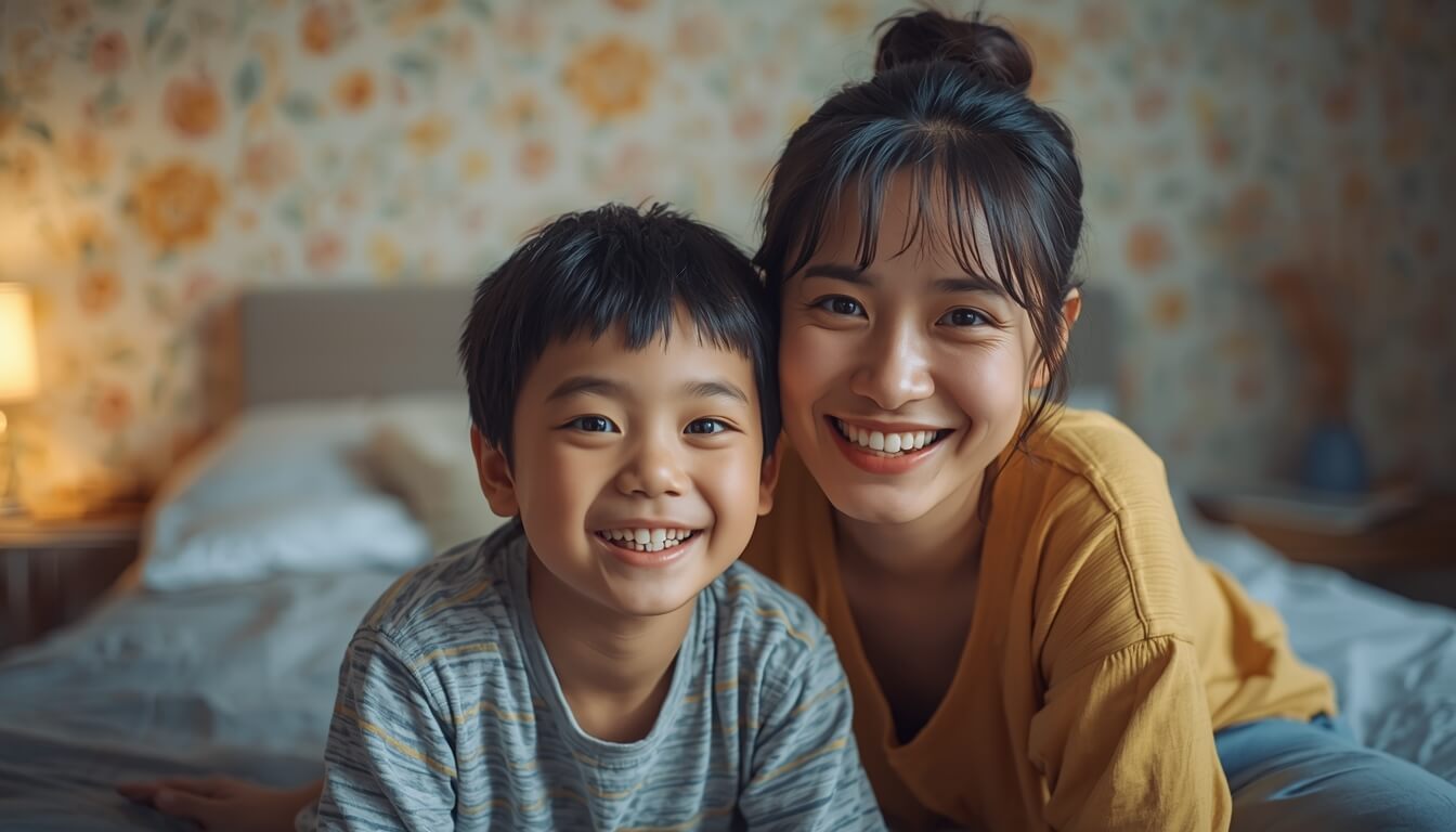 곰팡이가 사라지고 깔끔해진 방에서 기뻐하는 모자