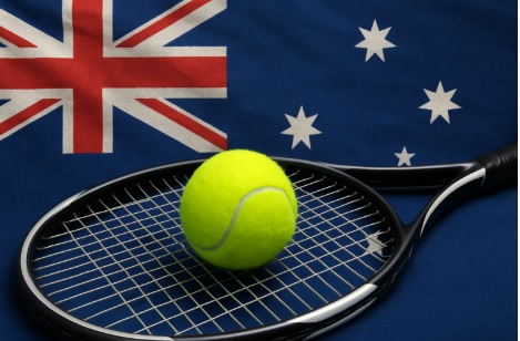 튀튼 휴잇을 표현하는 호주 국기 바탕에 테니스 라켓과 테니스공이 함께 있는 그림