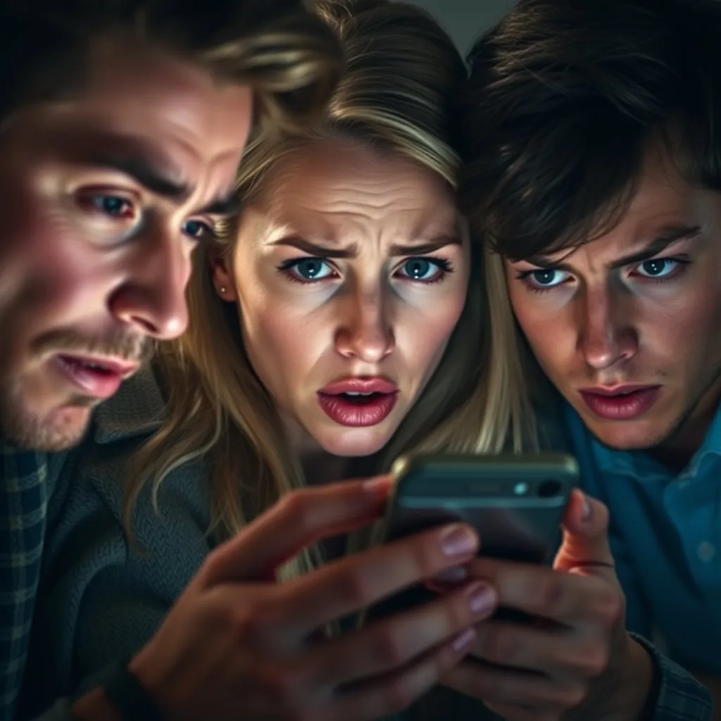 스마트폰이나 컴퓨터 화면을 보고 놀라거나 걱정하는 표정을 짓고 있는 사람들의 얼굴을 클로즈업하여 보여줍니다. 뉴스 기사 헤드라인이 작게 보이는 배경을 추가하여 정보 유출 사실을 인지하는 순간을 연출할 수 있습니다.