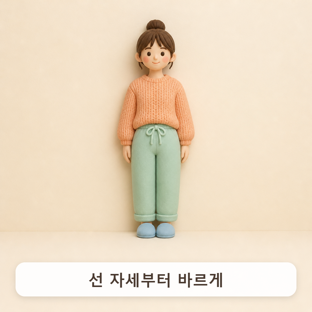 벽에 뒤통수와 등, 엉덩이를 붙이고 바르게 선 사람
