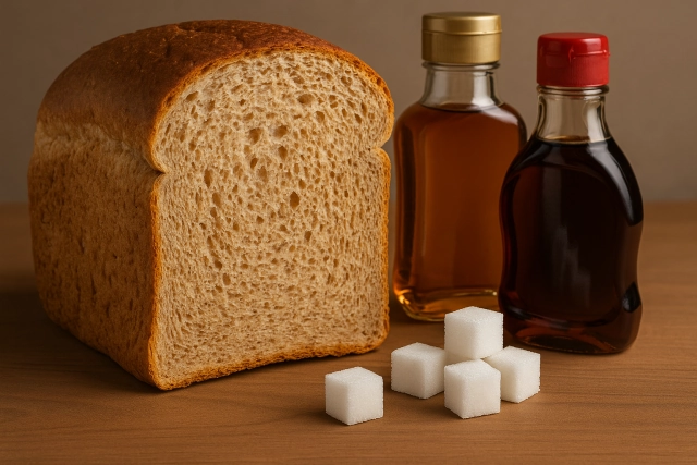 나무 테이블 위에 놓인 통밀빵 단면 클로즈업