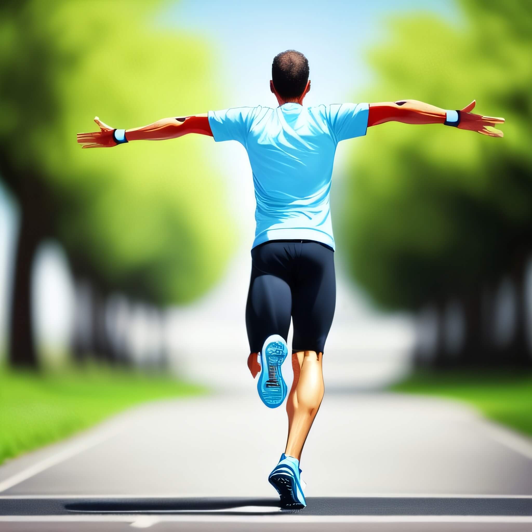 건강을 위해 운동을 하고 있는 성인 남성입니다. 팔을 벌리고 달리고 있는 모습의 이미지 입니다.
