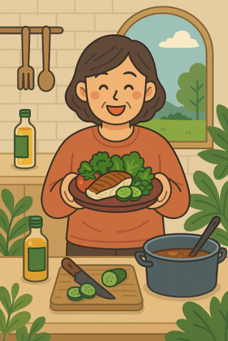 건강한 식단을 준비하는 중년 여성의 밝은 일러스트